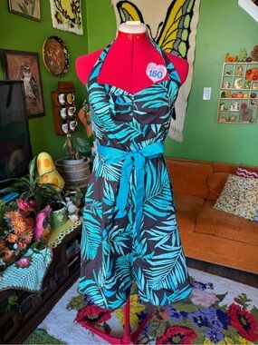 Jessica Blue Tropical Print Halter Midi Dress